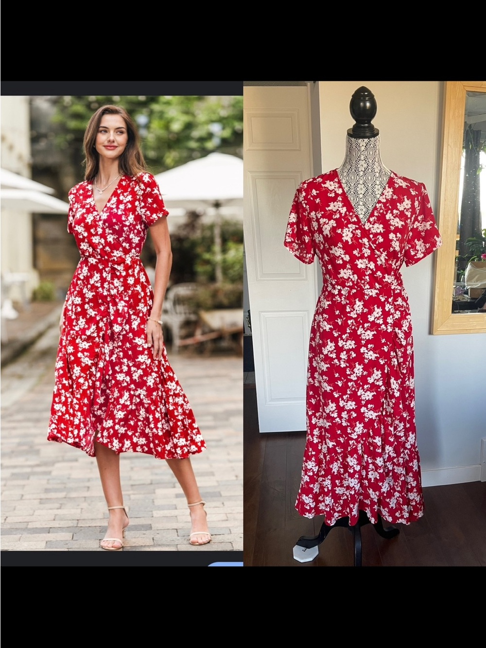 NWT Vintage Blooms Red Floral Summery Wrap Midi Dress. Medium/Large